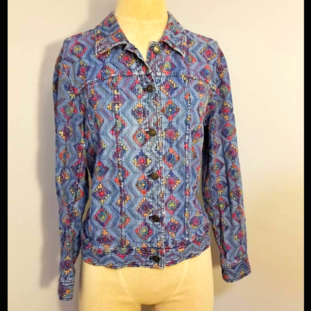 COLDWATER CREEK JEAN JACKET COLORFUL RAINBOW EMBROIDERED CASUAL PRIDE BOHO FALL